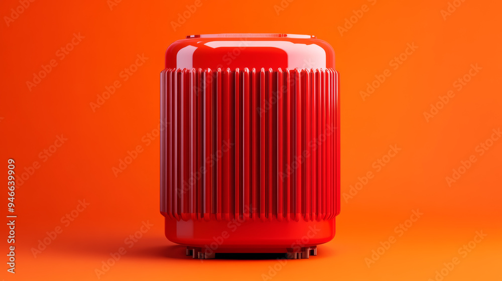 Glossy electric transformer with cooling fins placed on a gradient background transitioning from warm orange to deep red heavy-duty equipment industrial power management focus Glossy electric transformer with cooling fins placed on a gradient background transitioning from warm orange to deep red heavy-duty equipment industrial power management focus