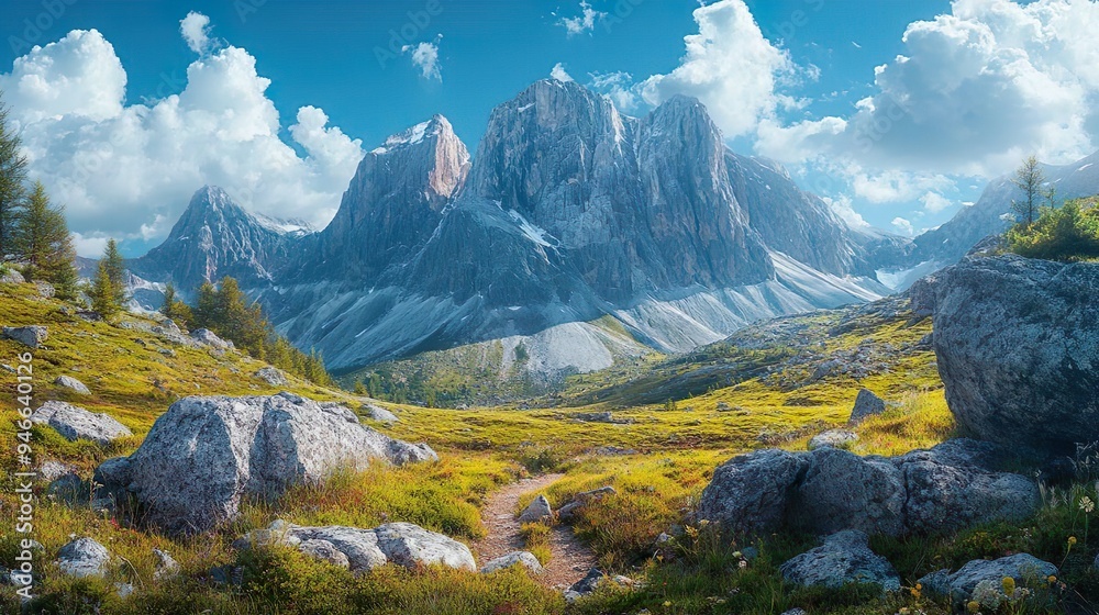 Naklejka premium Rugged Rocky Mountain Scenery Dramatic Peaks Against a Clear Bright Sky in a Beautiful Landscape