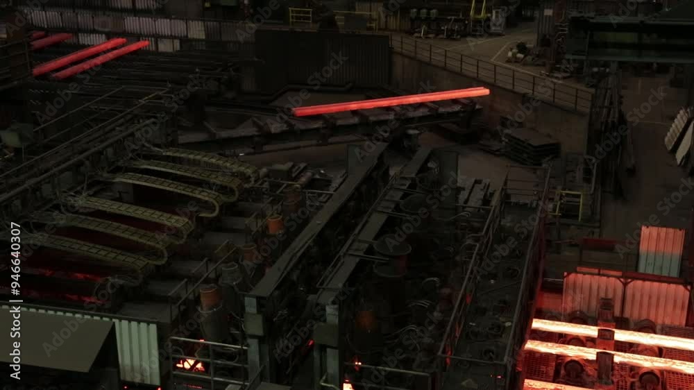 Hot steel beams moving through a factory at night creating a fiery glow Hot steel beams moving through a factory at night creating a fiery glow