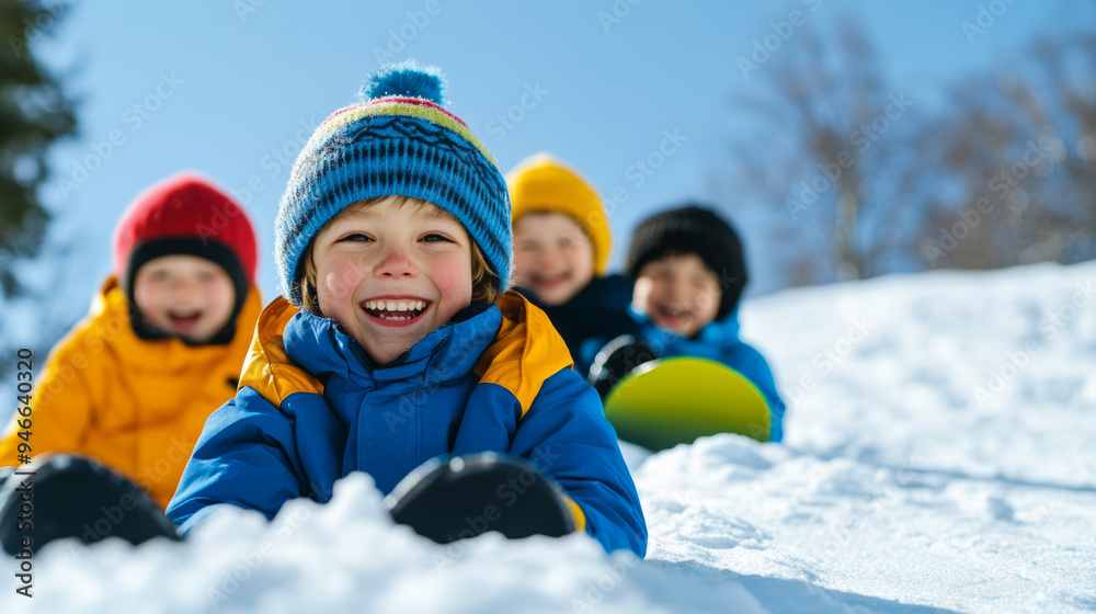 Group of children sliding down a snowy hill practicing snowboarding balance lots of laughter and smiles vibrant winter colors fun training session Group of children sliding down a snowy hill practicing snowboarding balance lots of laughter and smiles vibrant winter colors fun training session