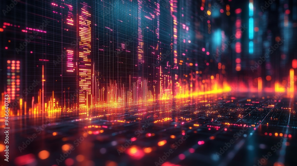 Colorful holographic symbols and data streams create a dynamic digital landscape, showcasing technology's impact in a vibrant, futuristic setting. Colorful holographic symbols and data streams create a dynamic digital landscape, showcasing technology's impact in a vibrant, futuristic setting.