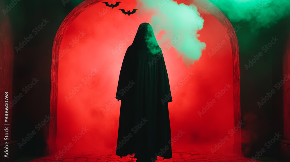 Halloween store entrance with life-sized witch mannequin, cauldron emitting green smoke, and creepy bats hanging above, gothic archway lit by ominous red lighting, cracked pavement below Halloween store entrance with life-sized witch mannequin, cauldron emitting green smoke, and creepy bats hanging above, gothic archway lit by ominous red lighting, cracked pavement below