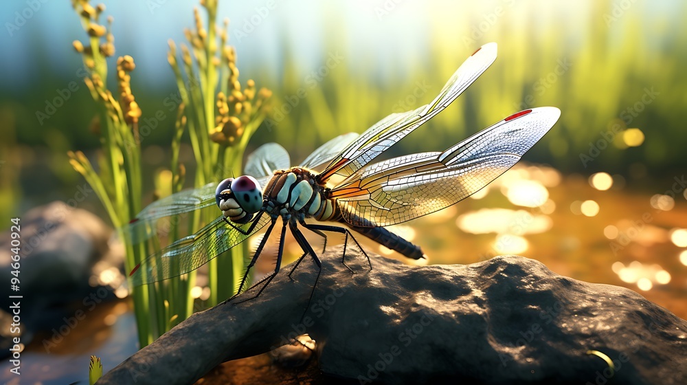 Naklejka premium An artistic composition showcasing a dragonfly's wings against a natural backdrop, emphasizing the delicate beauty and transparency in