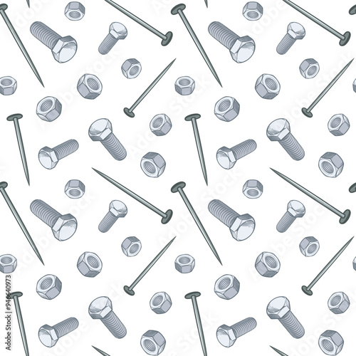 Bolts, nuts and nails. Seamless vector pattern.