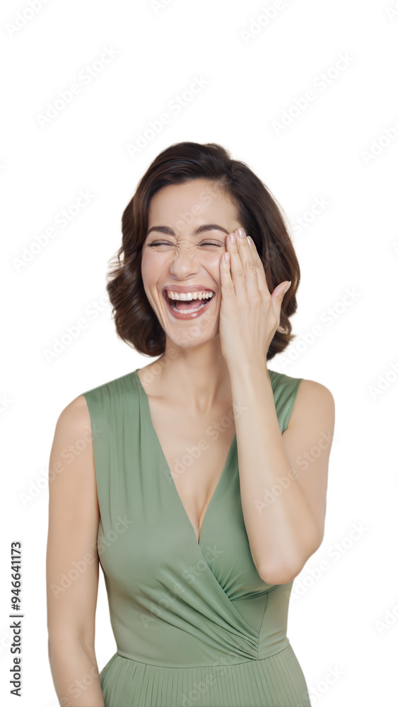 Woman Wearing Green Dress Laughs With Hand on Cheek Woman Wearing Green Dress Laughs With Hand on Cheek