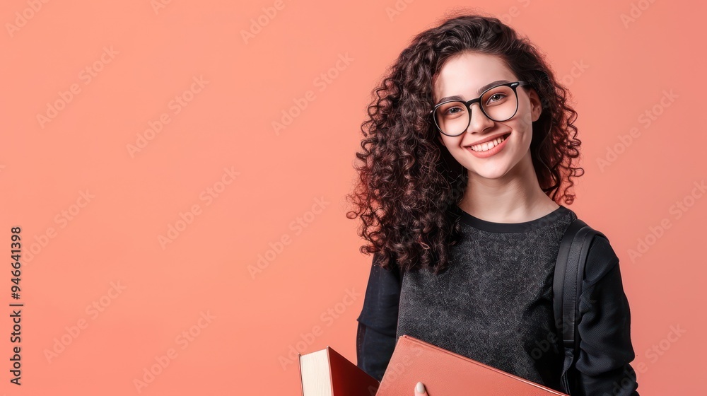 Obraz premium Cheerful university student with curly hair and glasses, books in hand, against a light coral background, copy space