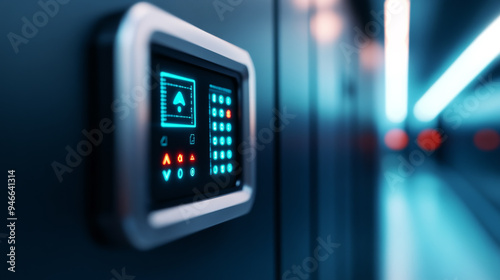 High-tech electricity control panel with digital touch interface against a smooth gradient background from light blue to navy advanced automation and smart grid concepts 