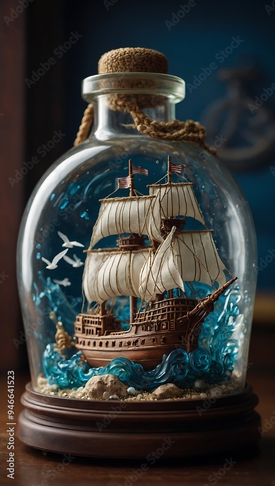 Ship in a bottle decoration with intricate details, showcasing craftsmanship and nautical themes Ship in a bottle decoration with intricate details, showcasing craftsmanship and nautical themes
