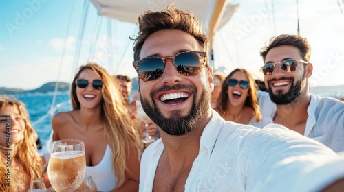 A lively group of young people celebrating on a boat, wearing sunglasses and smiles, and holding drinks, capturing the fun and spirited essence of a festive gathering at sea.