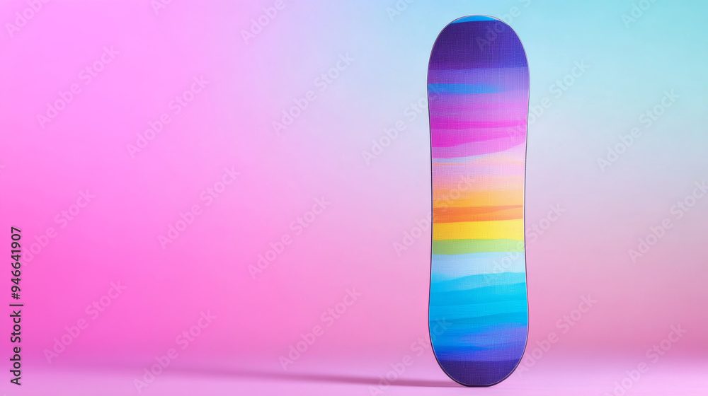 Isolated rental snowboard with bold, colorful designs on a gradient background bright, eye-catching concept ideal for winter sports ads Isolated rental snowboard with bold, colorful designs on a gradient background bright, eye-catching concept ideal for winter sports ads