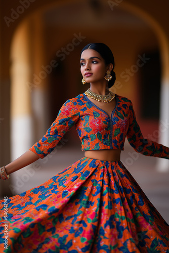 Joyful Diwali image of a woman twirling in a flowing anarkali dress in rich jewel tones intricate patterns and festive jewelry enhance the celebration mood  photo