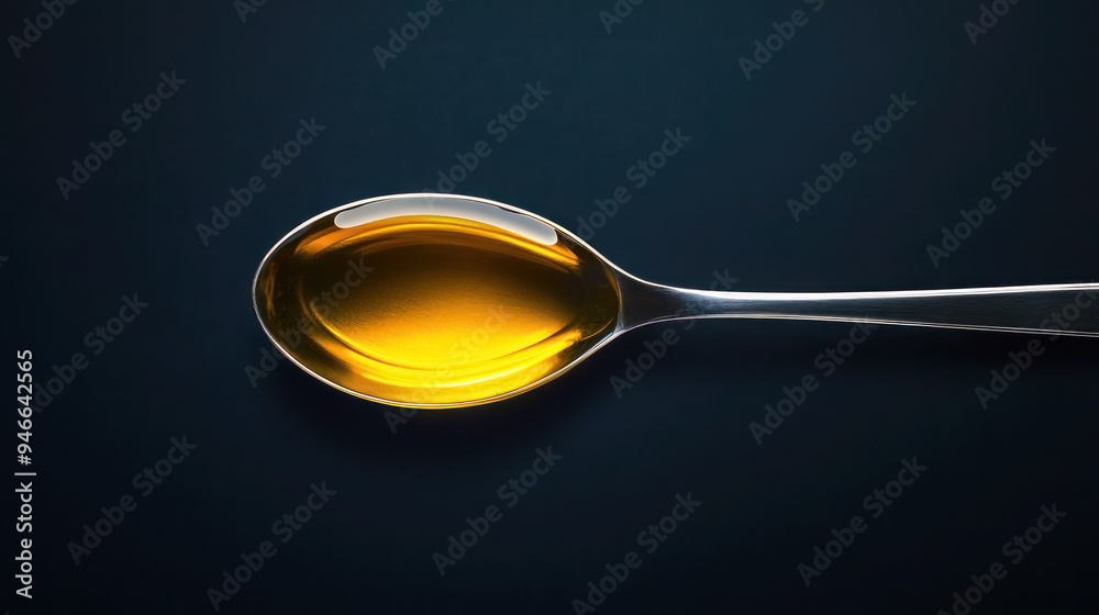 golden cooking oil in a sleek spoon on dark background golden cooking oil in a sleek spoon on dark background