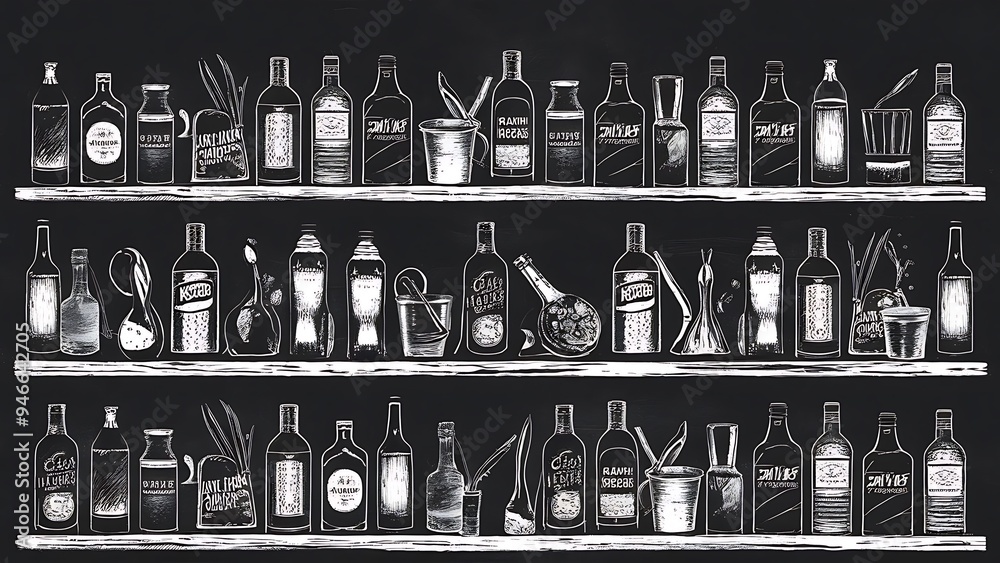 Bottles of alcohol beverages in a bar on a shelf drawn in chalk on black background seamlessly tiling Bottles of alcohol beverages in a bar on a shelf drawn in chalk on black background seamlessly tiling