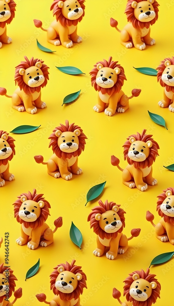 Naklejka premium Cute cartoon lions with green leaves on a yellow background