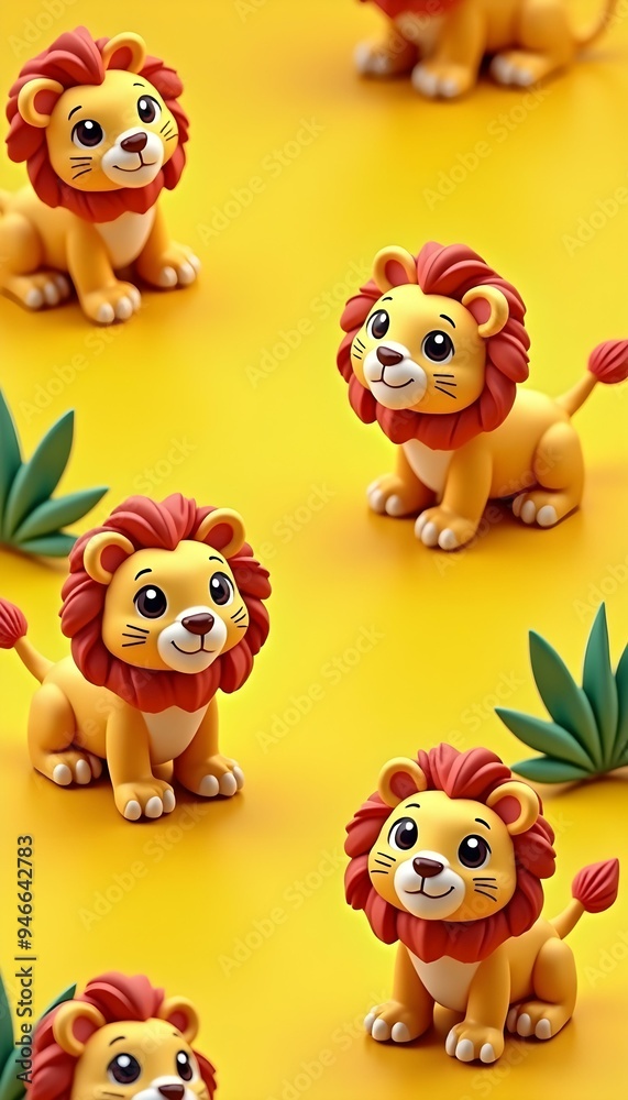Naklejka premium Cute cartoon lions with green leaves on a yellow background