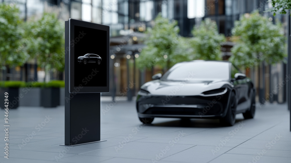 Modern touchscreen rental kiosk displaying car options sleek interface with compact, SUV, and luxury models urban backdrop tech-driven convenience Modern touchscreen rental kiosk displaying car options sleek interface with compact, SUV, and luxury models urban backdrop tech-driven convenience