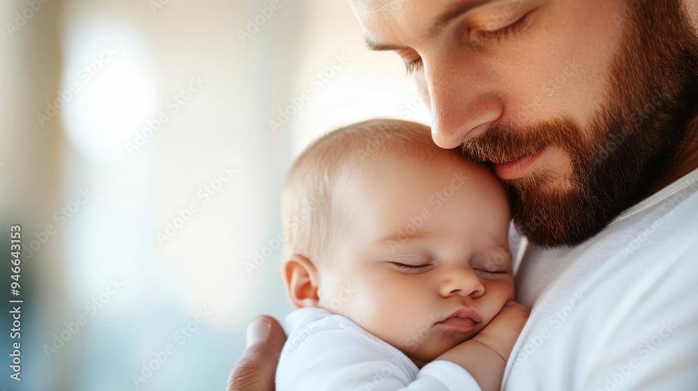 A man is gently holding a sleeping baby close to his chest, capturing a tender moment of fatherly love and protection. The ambiance is serene and filled with warmth. A man is gently holding a sleeping baby close to his chest, capturing a tender moment of fatherly love and protection. The ambiance is serene and filled with warmth.