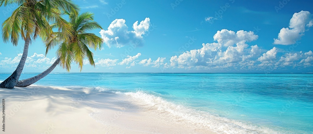 Obraz premium Palm Tree on Pristine Beach with Turquoise Ocean