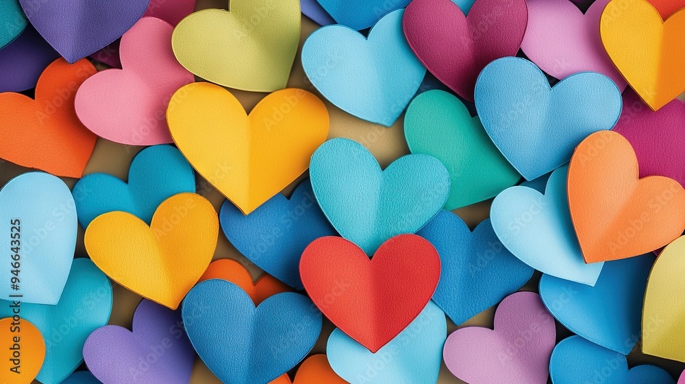 A heart-shaped pattern of colorful paper hearts is displayed on a brown background, providing space for text addition A heart-shaped pattern of colorful paper hearts is displayed on a brown background, providing space for text addition