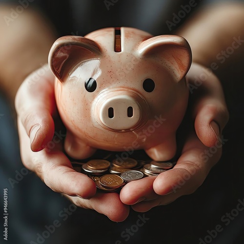 A person holding a piggy bank filled with coins, symbolizing savings and financial planning for the future. photo