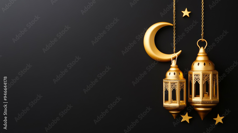 Ramadan kareem text in shimmering gold elegant font isolated on black background surrounded by softly glowing lanterns crescent moon and stars premium and luxurious style Ramadan kareem text in shimmering gold elegant font isolated on black background surrounded by softly glowing lanterns crescent moon and stars premium and luxurious style