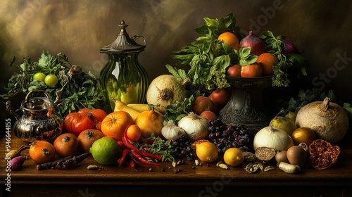 Still Life with Fruit, Vegetables, and Spices on a Wooden Table