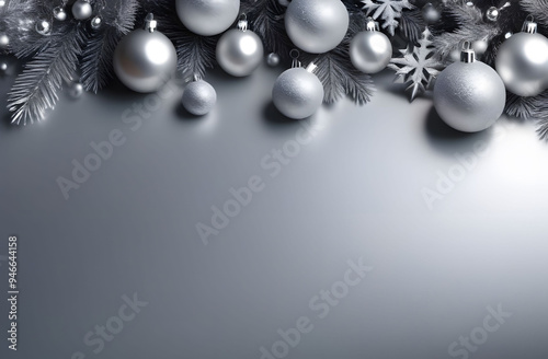 Christmas silver background with balls, branches of the Christmas tree and snowflakes, located at the top, plenty of free space for text. A festive winter backdrop for your business.