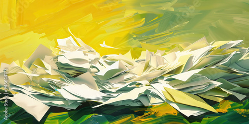 A jumbled pile of papers, their edges curling as they spill over an abstract surface painted in shades of yellow and green. photo