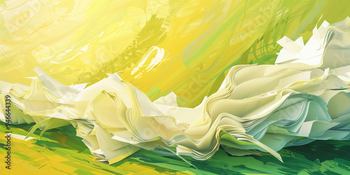 A jumbled pile of papers, their edges curling as they spill over an abstract surface painted in shades of yellow and green. photo