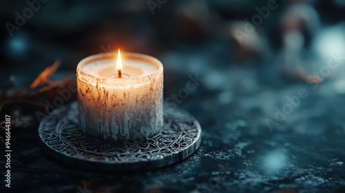 A softly lit candle with wax drippings sits on an ornate circular base placed on a dark surface, spreading a warm glow in the surrounding dark environment. photo