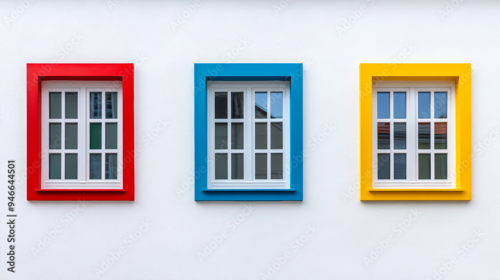 Row of colorful PVC windows in vibrant hues Row of colorful PVC windows in vibrant hues