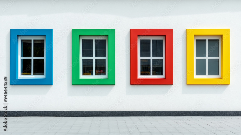 Row of colorful PVC windows in vibrant hues Row of colorful PVC windows in vibrant hues
