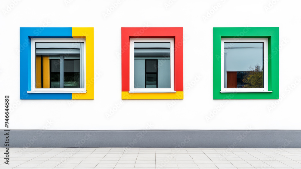 Row of colorful PVC windows in vibrant hues Row of colorful PVC windows in vibrant hues