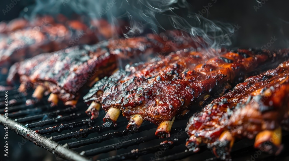 mouthwatering closeup of bbq ribs in smoker rich caramelized exterior glistens with savory juices wisps of aromatic smoke add depth and flavor mouthwatering closeup of bbq ribs in smoker rich caramelized exterior glistens with savory juices wisps of aromatic smoke add depth and flavor