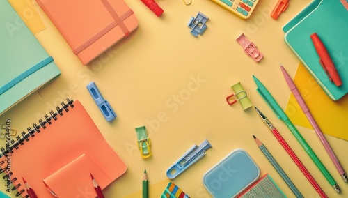 Cream background enhancing the vivid colors of assorted stationery, perfect for a soft educational ad