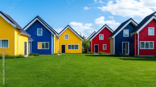 Row of colorful rental houses with neatly trimmed lawns bright sunny day community vibes perfect neighborhood for families spacious and inviting 