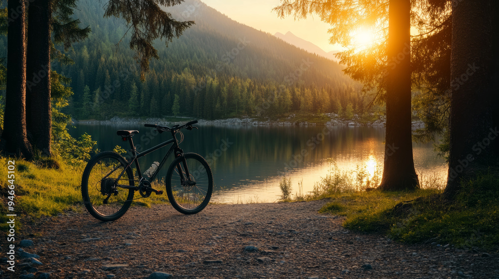 Obraz premium Scenic shot of a lone rental bike parked beside a sunlit lakeside path surrounded by tall trees golden hour glow peaceful outdoor exploration 