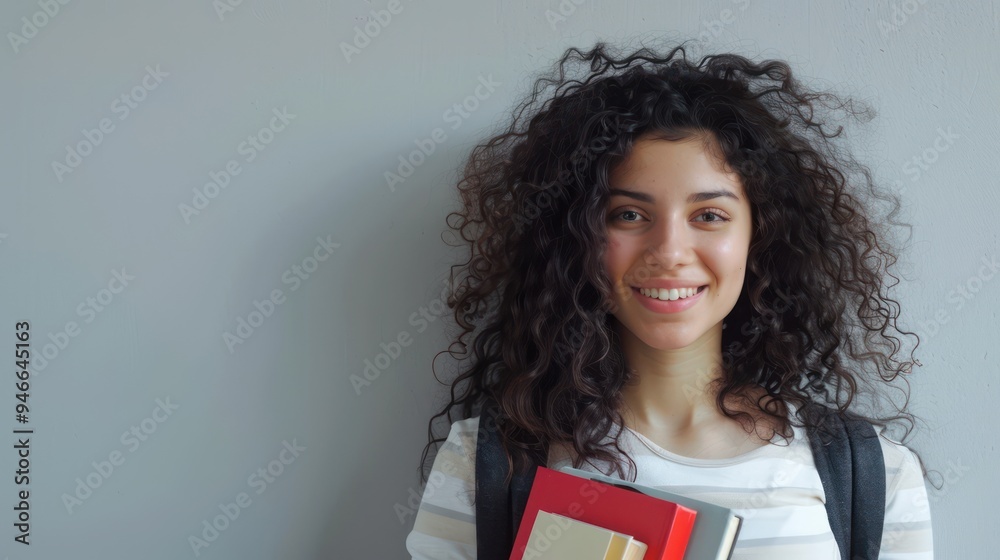 Curly-haired female student with books, smiling against a light gray wall, designed for copy space Curly-haired female student with books, smiling against a light gray wall, designed for copy space