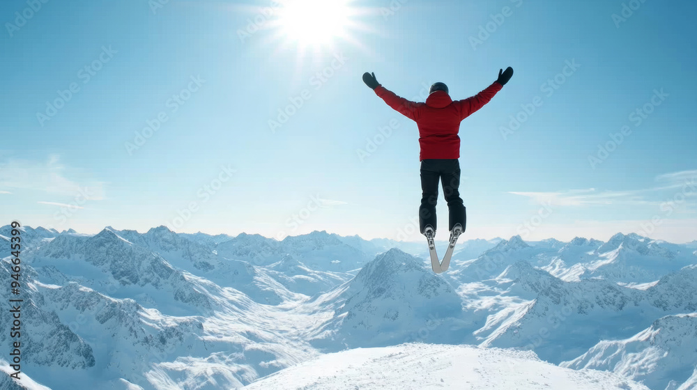 Ski jumper mid-air above a snow-covered valley bright winter sun casting long shadows crisp white snow stretching below elegant and controlled glide Ski jumper mid-air above a snow-covered valley bright winter sun casting long shadows crisp white snow stretching below elegant and controlled glide