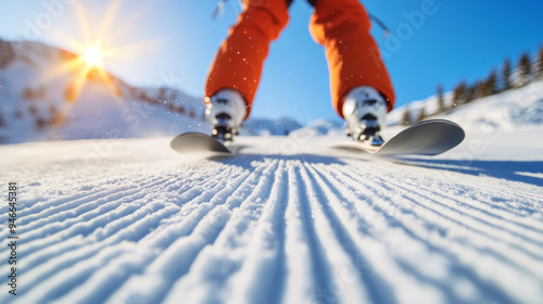 Ski jumper just before takeoff leaning forward on a steep ramp ski tips pointed downhill icy snow reflecting the morning light tension and anticipation 