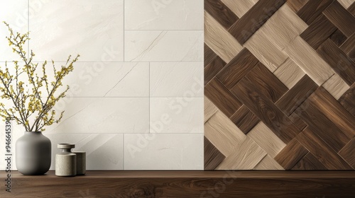 Abstract wall tiles with a blend of natural materials, like wood and stone, arranged in an innovative, artistic pattern