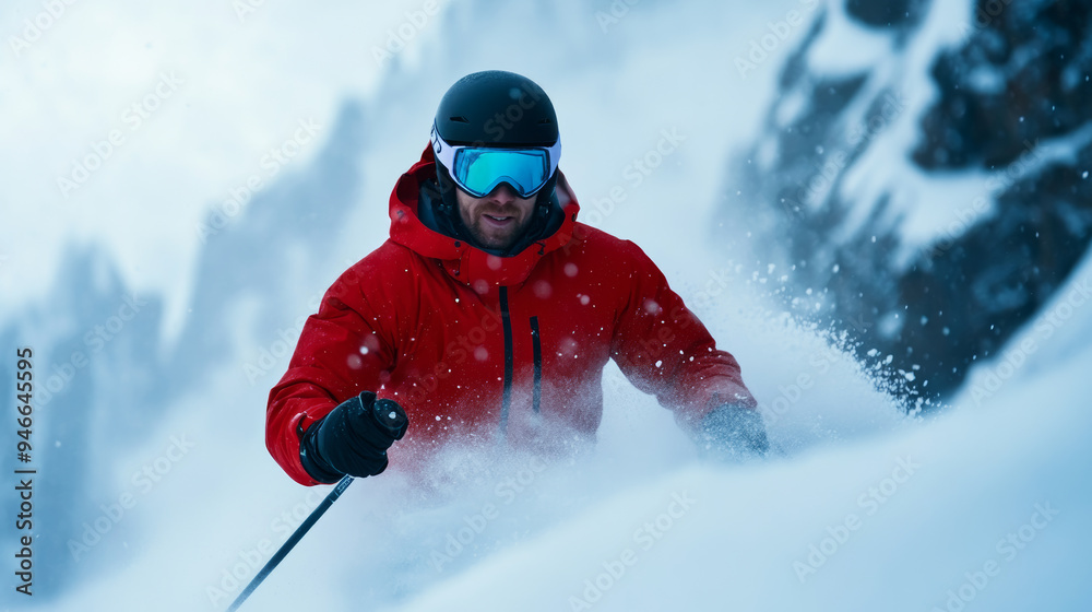 Fototapeta premium Skier descending a narrow chute in a backcountry terrain snow spraying sharp rock walls on either side intense and challenging freeride experience 