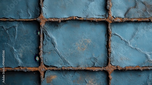 A rusted and worn blue metal grid, showcasing a weathered and textured surface, indicative of industrial aesthetics and the passage of time through its corroded patterns. photo