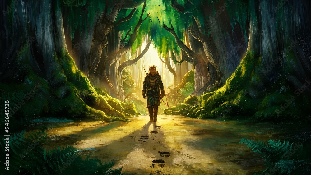 Obraz premium Lone Adventurer Walking Through Sunlit Enchanted Forest Path, Surrounded by Majestic Trees and Lush Greenery, Mysterious Journey into the Heart of a Magical and Ancient Woodland