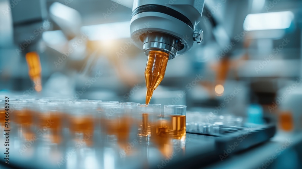 An advanced robotic arm is in action, filling vials with precision in a lab setting. It highlights technological advancements and automation in scientific research. An advanced robotic arm is in action, filling vials with precision in a lab setting. It highlights technological advancements and automation in scientific research.