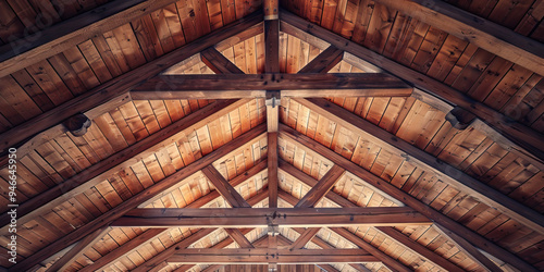 Elegant Wood Beams: A high contrast photo of a wooden ceiling adorned with decorative beams, creating a warm and inviting ambiance.