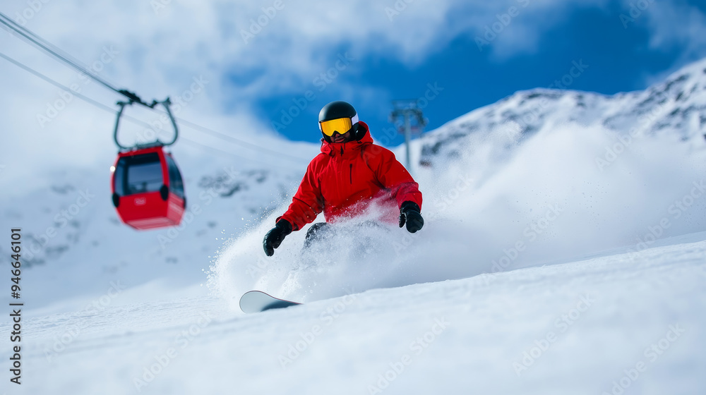 Snowboarder and cable car captured in perfect synchronization snowboarder mid-turn snow spraying while a bright red cable car ascends in the background 