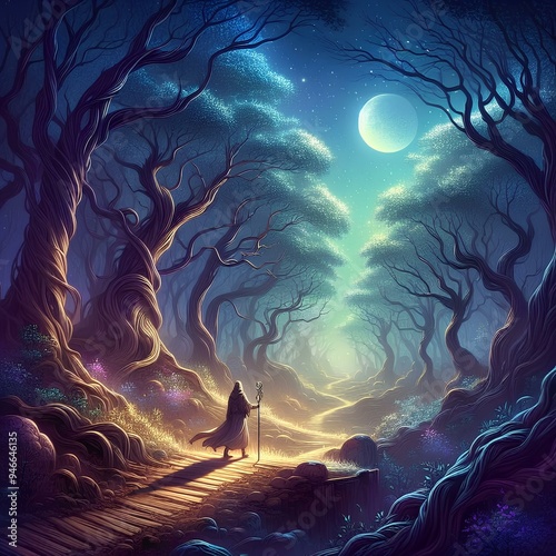 Mystical Nighttime Forest Path Illuminated by Moonlight, Solitary Traveler with Staff Walking Through Enchanted Twisted Trees, Journey Under a Starry Sky in a Magical, Ethereal Landscape photo