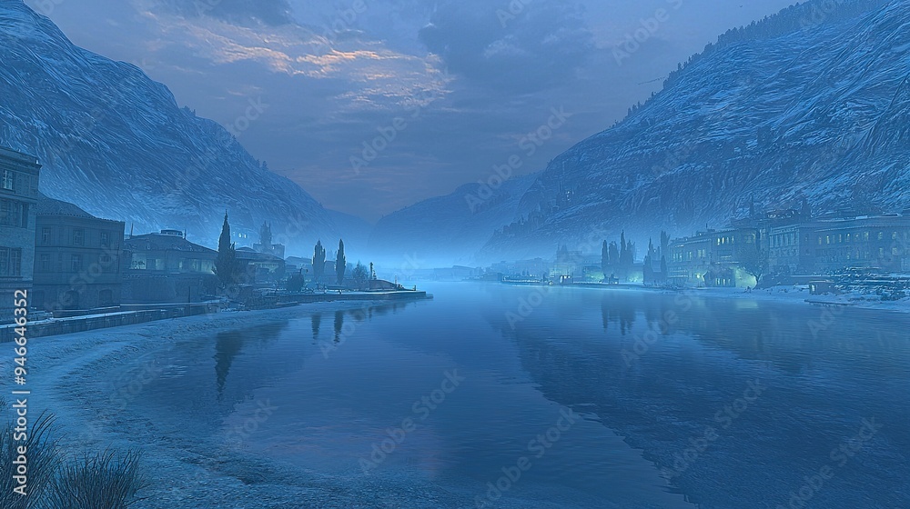 Obraz premium Surrounded by snow-capped mountains, a large body of water lies at the center of a quaint town, complete with a towering clock tower