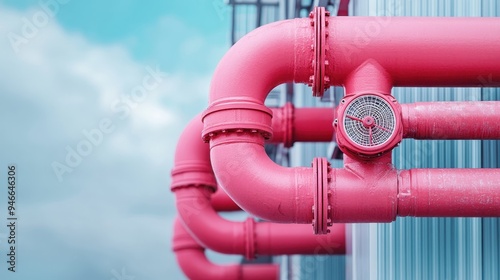 Image depicting a colorful network of bright pink interconnected pipes with a clear sky background, highlighting industrial machinery elements and vibrant color contrasts. photo